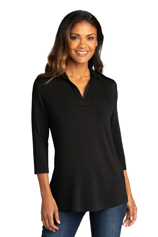 Port Authority Womens Luxe Knit 3/4 Sleeve Polo Shirt - Deep Black