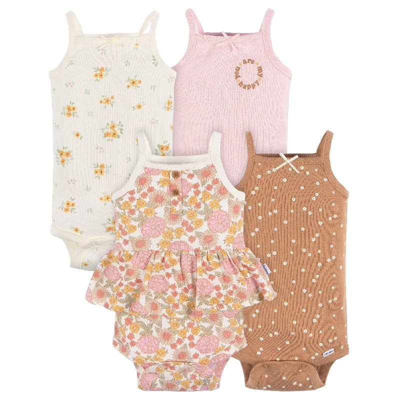 4-Pack Baby Girls Retro Floral Sleeveless Onesies® Bodysuits