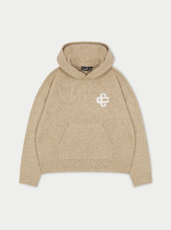 FLUFFY KNIT EMBLEM HOODIE - BEIGE