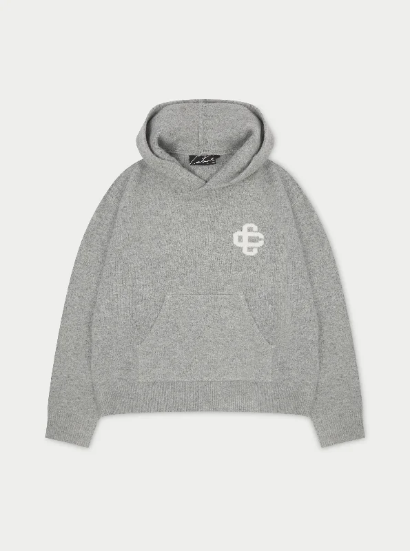 FLUFFY KNIT EMBLEM HOODIE - GREY MARL