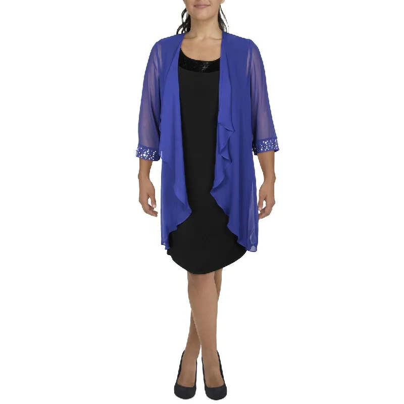 Ignite Evenings Womens Chiffon Embellished Duster Blazer