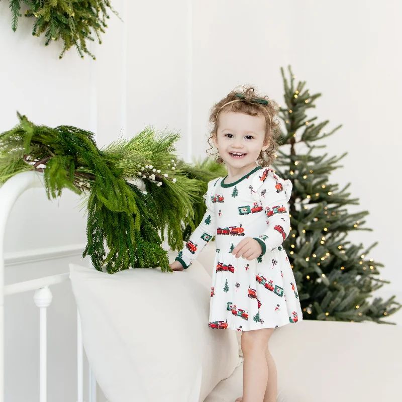 Long Sleeve Twirl Bodysuit Dress in Holiday Train