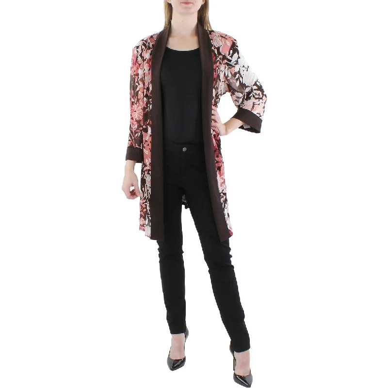 R&M Richards Womens Plus Floral Print Midi Open-Front Blazer