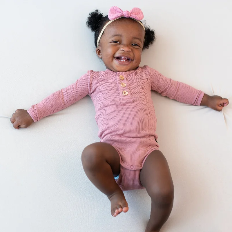 Ribbed Long Sleeve Henley Bodysuit in Dusty Rose