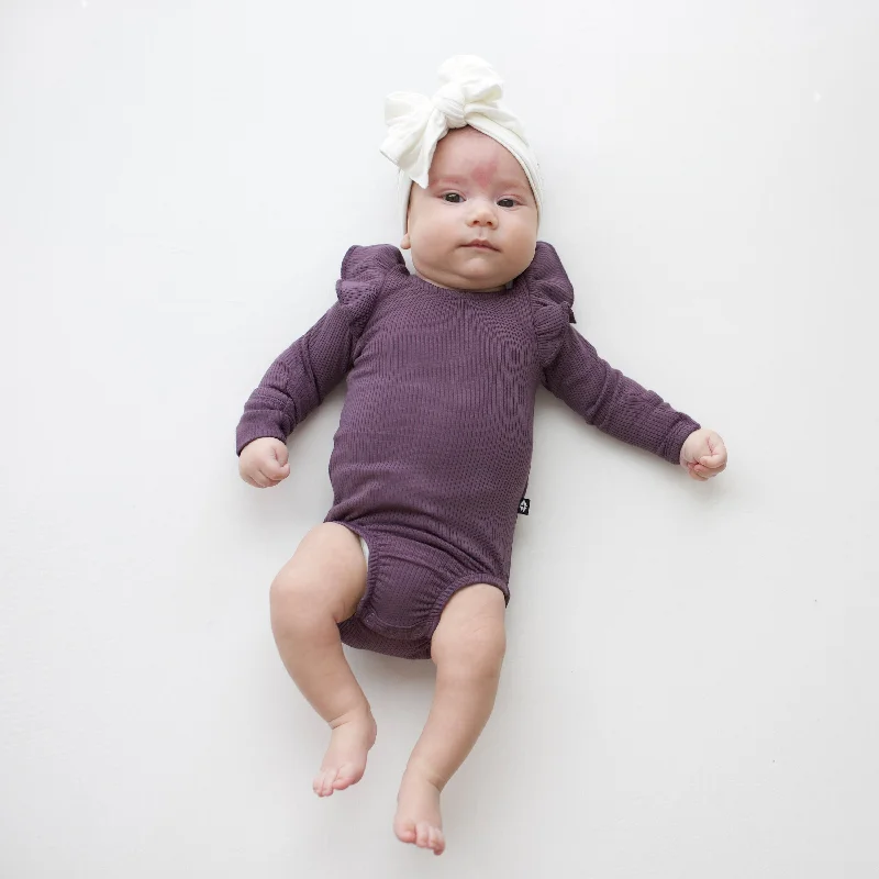 Ribbed Long Sleeve Ruffle Leotard in Currant