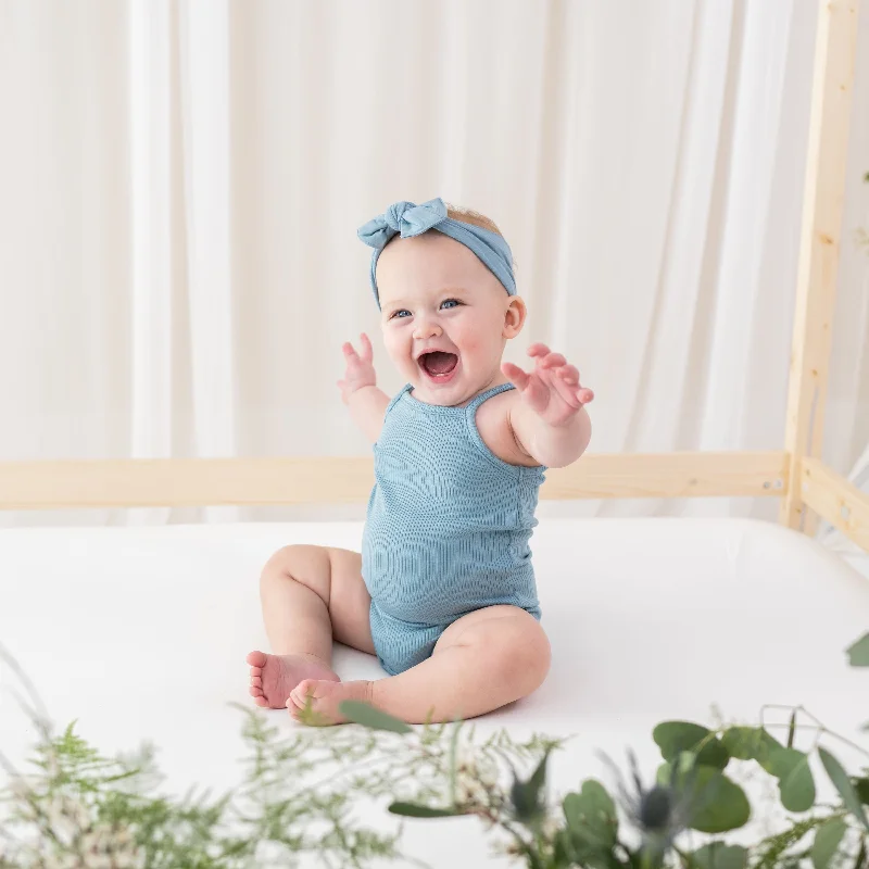 Ribbed Spaghetti Strap Bodysuit in Dusty Blue