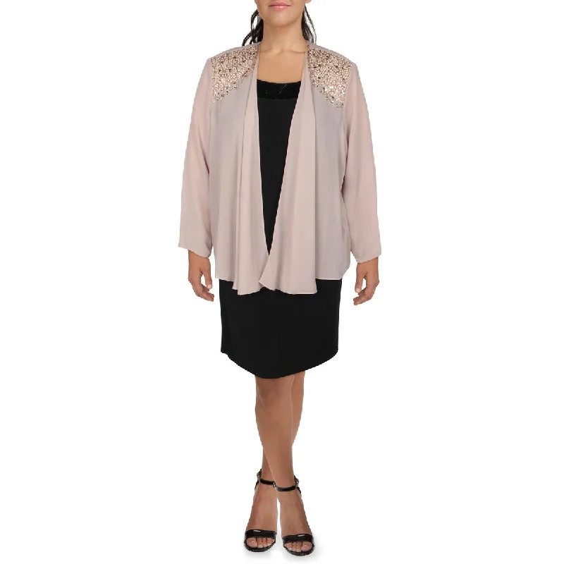 SLNY Womens Plus Chiffon Embellished Collarless Blazer