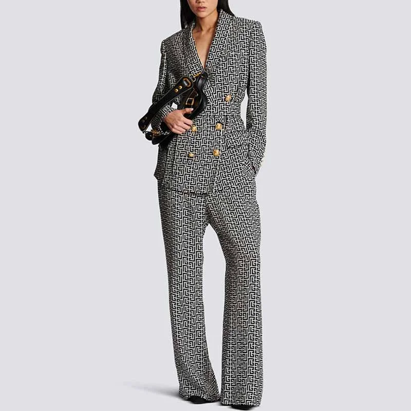 Women Chic Maze Double Breasted Belted Blazer + Elastic Waist Trousers Pants Suit