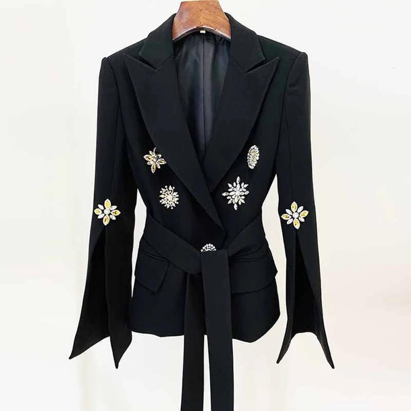 Women's Belted Embroidery Flare Sleeves White / Black Blazer Jacket Formal Event Blazer