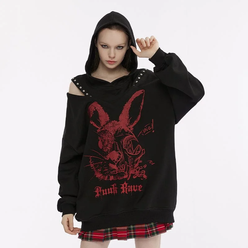 Women's Punk Off Shoulder Rabbit Printed Hoodie