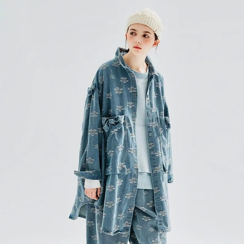 Autumn Floral Jacquard Denim Long Shirt Coat with Shawl Collar