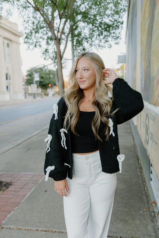 Black Chunky Knit Bow Cardigan