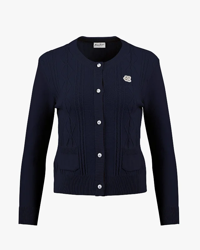 Cable pocket round neck cardigan - Navy