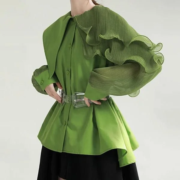 Green Pleated Belted Blouse