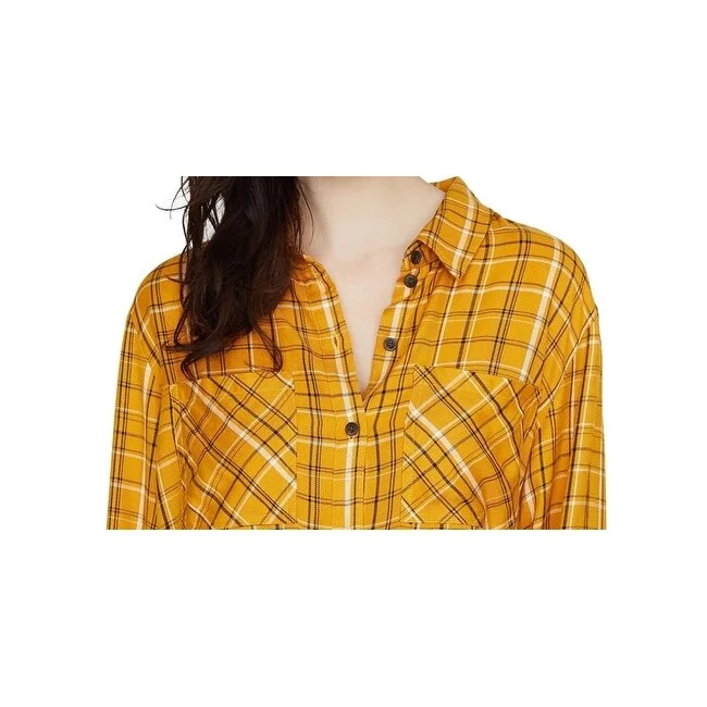 Sanctuary Women's New Generation Plaid Boyfriend Blouse Yellow Size X-Large