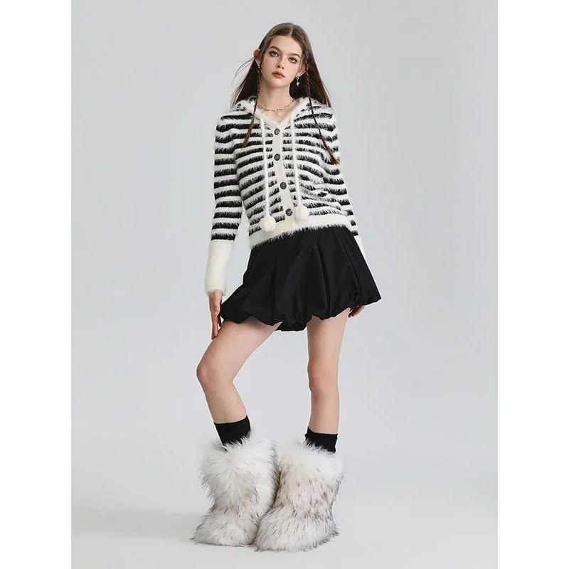 Striped Hooded Mohair Cardigan - Y2K Style Pom-Pom Knit Top