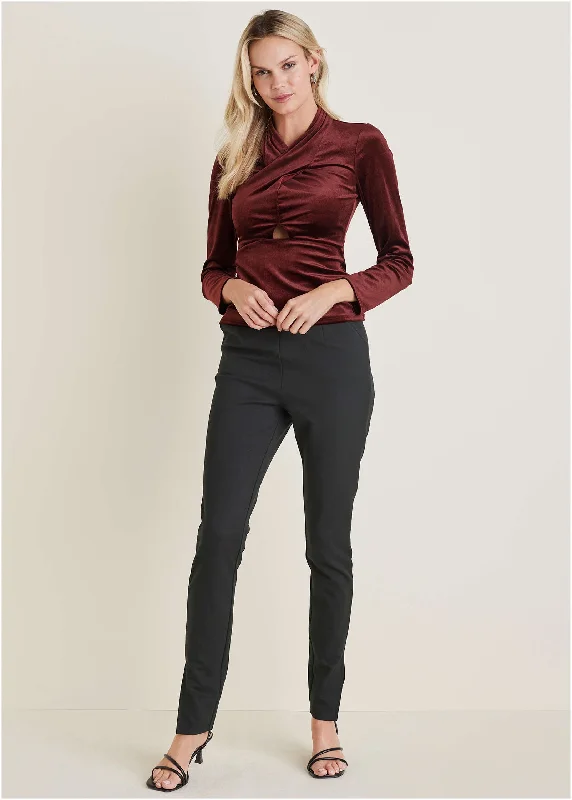 Velvet Twist Front Blouse - Wine