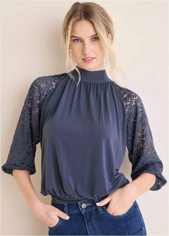 Lace Sleeve Blouse - Vintage Indigo