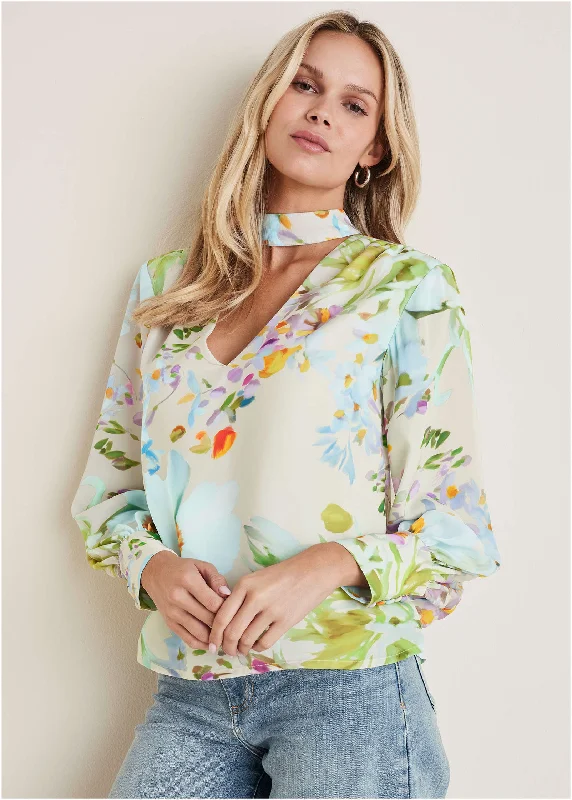 Printed Tie Neck Blouse - Coquette Bouquet