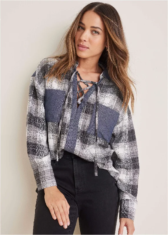 Plaid Lace-Up Shirt - Grey Plaid