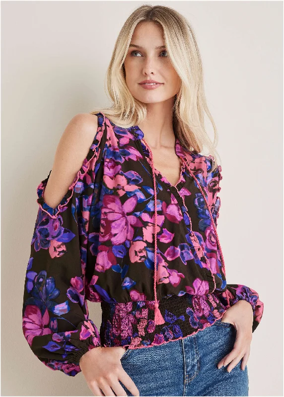 Ruffle Cold Shoulder Blouse - Electric Bouquet