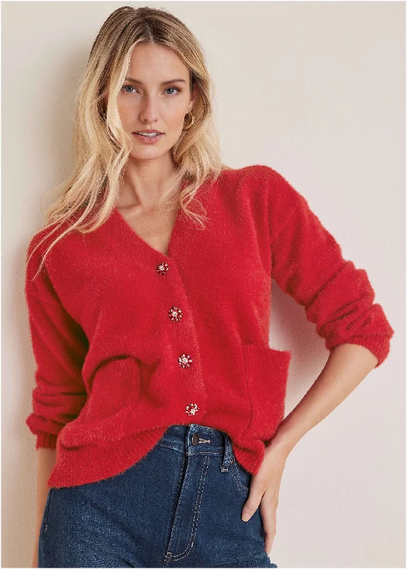 Button Down Cardigan - Haute Red