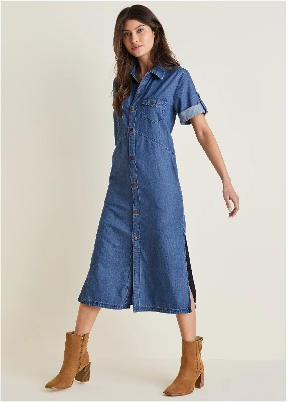 Denim Midi Shirt Dress - Medium Wash