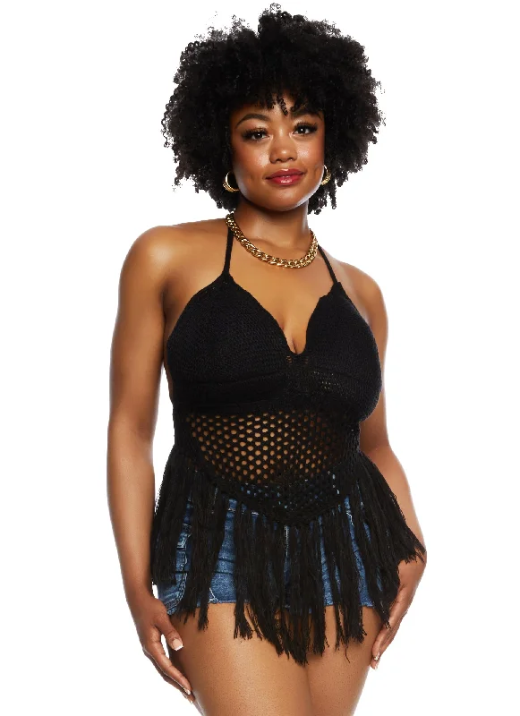 Plus Size Crochet Fringe Halter Top