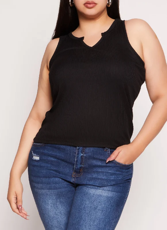 Plus Size Rib Knit Notch Neck Tank Top