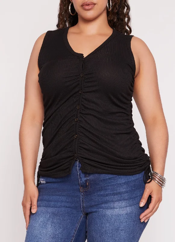 Plus Size Rib Knit Ruched Side Button Front Tank Top