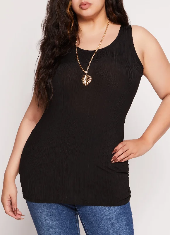 Plus Size Rib Knit Ruched Tank Top with Necklace