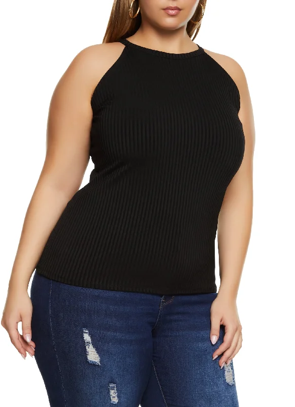 Plus Size Ribbed High Neck Tank Top