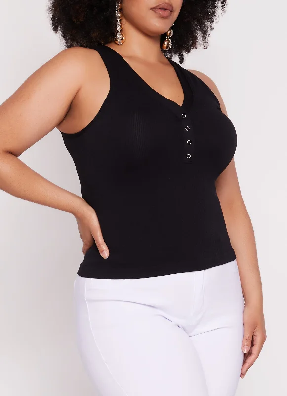 Plus Size Seamless Ribbed Snap Button Tank Top