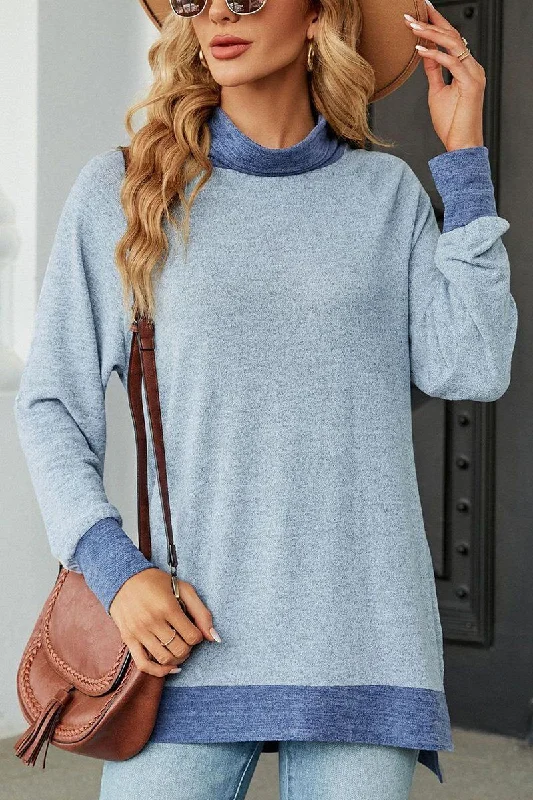 WOMEN HIGH NECK SIDE SLIT OVERSIZED PULLOVER