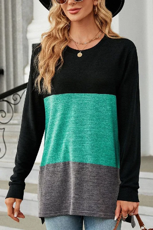 WOMEN OVERSIZED COLOR BLOCK CREW NECK PULLOVER