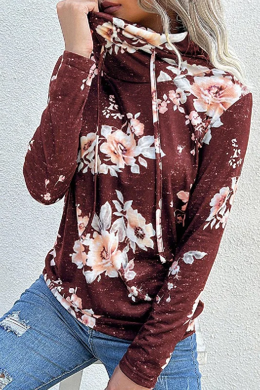 WOMEN TURTLE NECK FLORAL PRINTING PULLOVER TEE