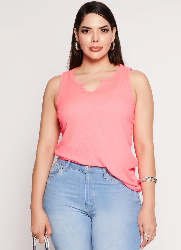 Plus Size Rib Knit Notch Neck Tank Top