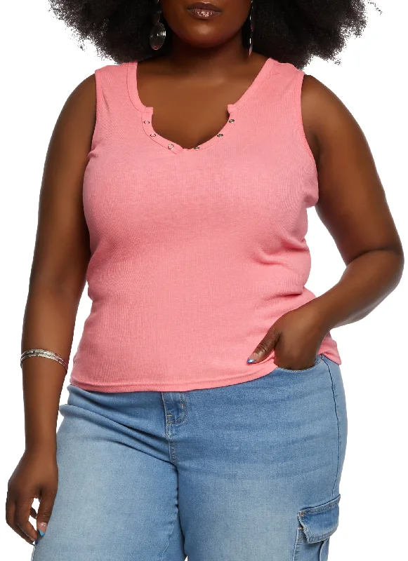 Plus Size Snap Button Notch Neck Tank Top