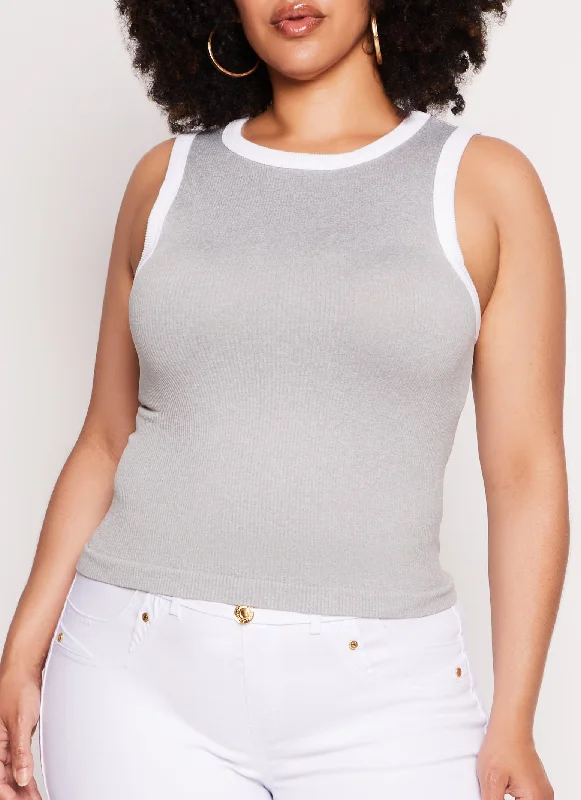 Plus Size Seamless Ribbed Contrast Trim Tank Top