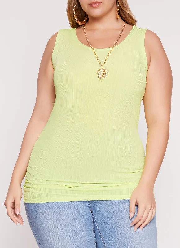 Plus Size Rib Knit Ruched Tank Top with Necklace