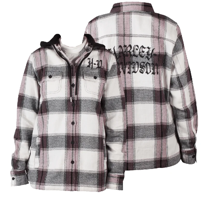 Branded  Women's H-D Cream Purple Plaid Hooded L/S Shirt Jacket