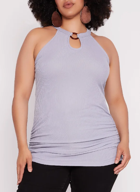 Plus Size O Ring Keyhole Ruched Tank Top