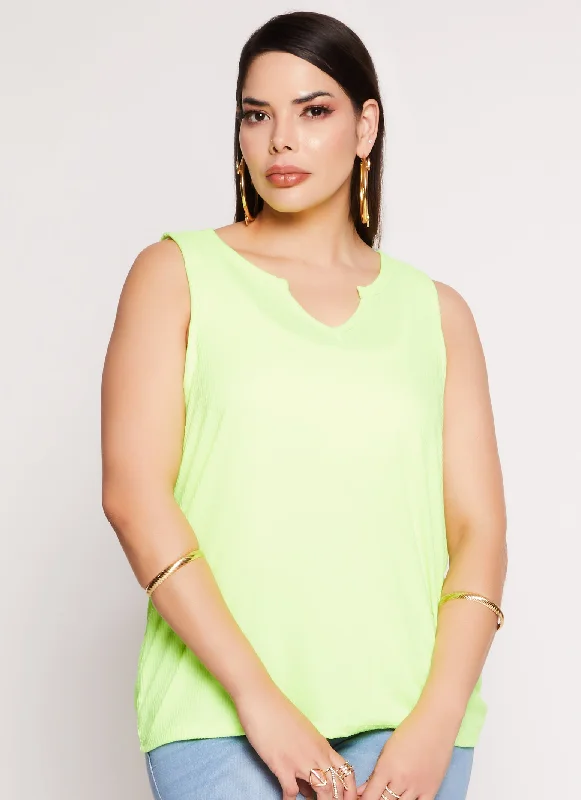 Plus Size Rib Knit Notch Neck Tank Top