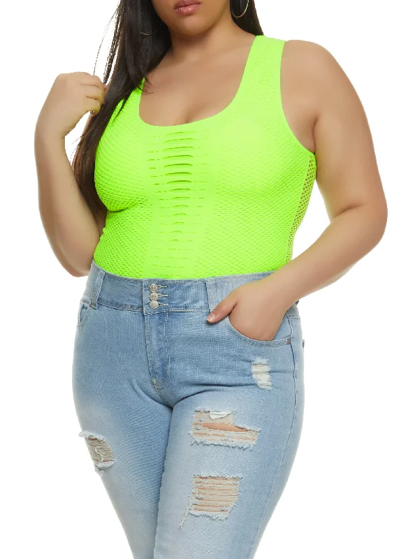 Plus Size Seamless Fishnet Detail Laser Cut Tank Top