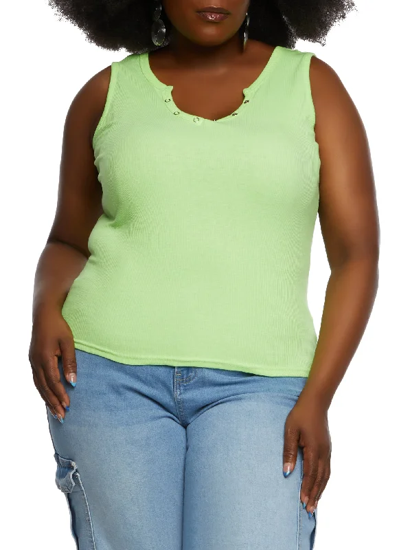 Plus Size Snap Button Notch Neck Tank Top