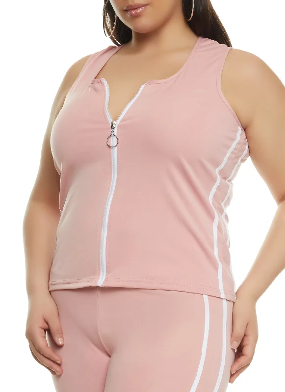 Plus Size Varsity Stripe Zip Front Tank Top