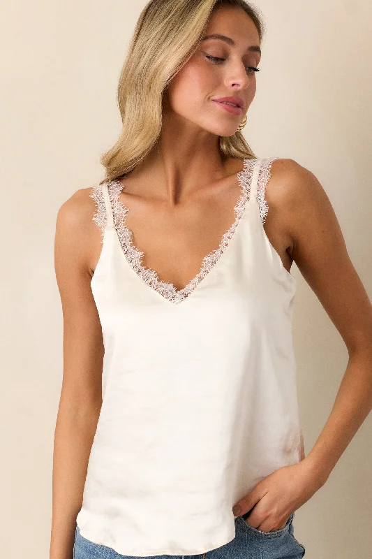 No Turning Back Ivory Satin Lace Trim Tank Top