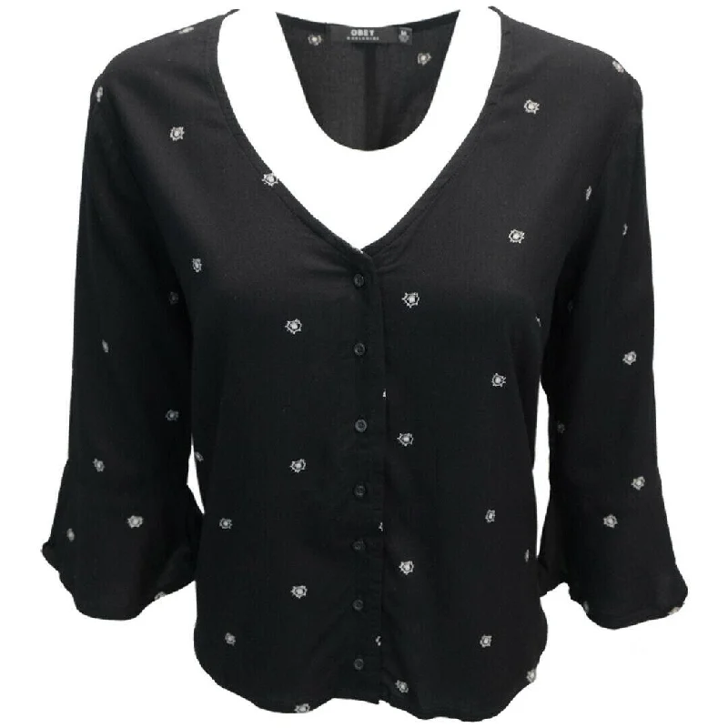 OBEY Women's Black Bullet Holes Cropped V-Neck L/S Shirt (S05)