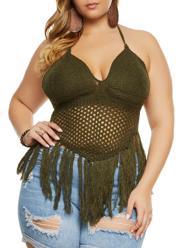 Plus Size Crochet Fringe Halter Top