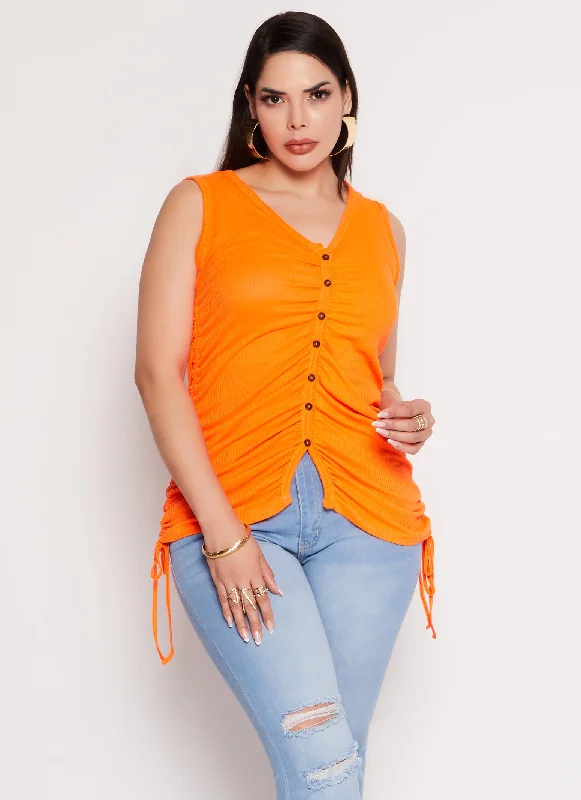 Plus Size Rib Knit Ruched Side Button Front Tank Top